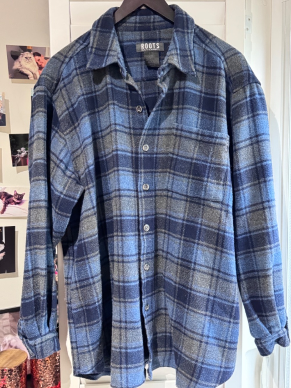 🍁 Vintage Roots Blue Plaid Flannel Jacket Shacket Size L | Canadian Heritage ✨
